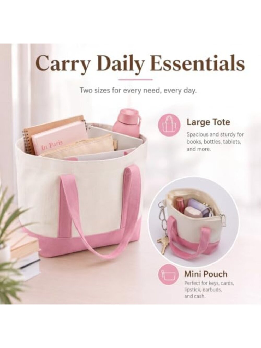 Stylish Mini Canvas Tote Bag with Zipper - Perfect for Everyday Use & Travel - Picture 5 of 6